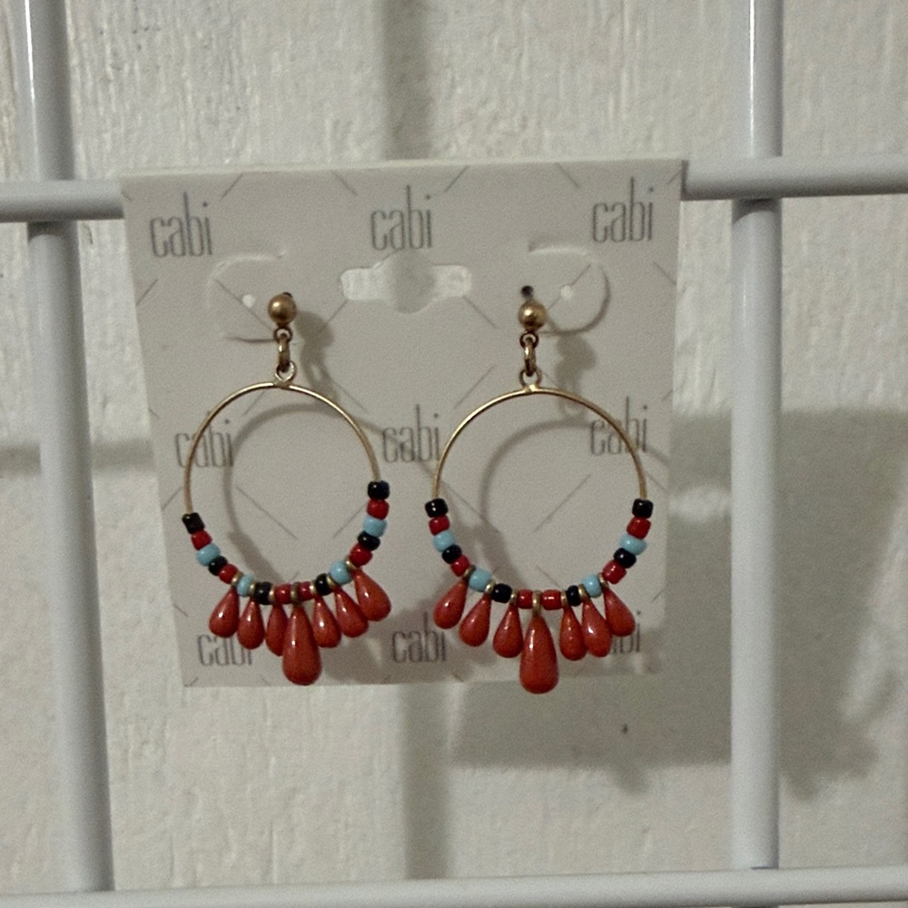 CAbi Gold Hoop Earrings with Red Teardrop and Turquoise Beads